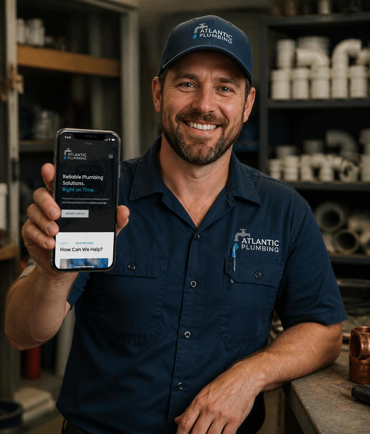 Local business owner smiling with his new website on his phone